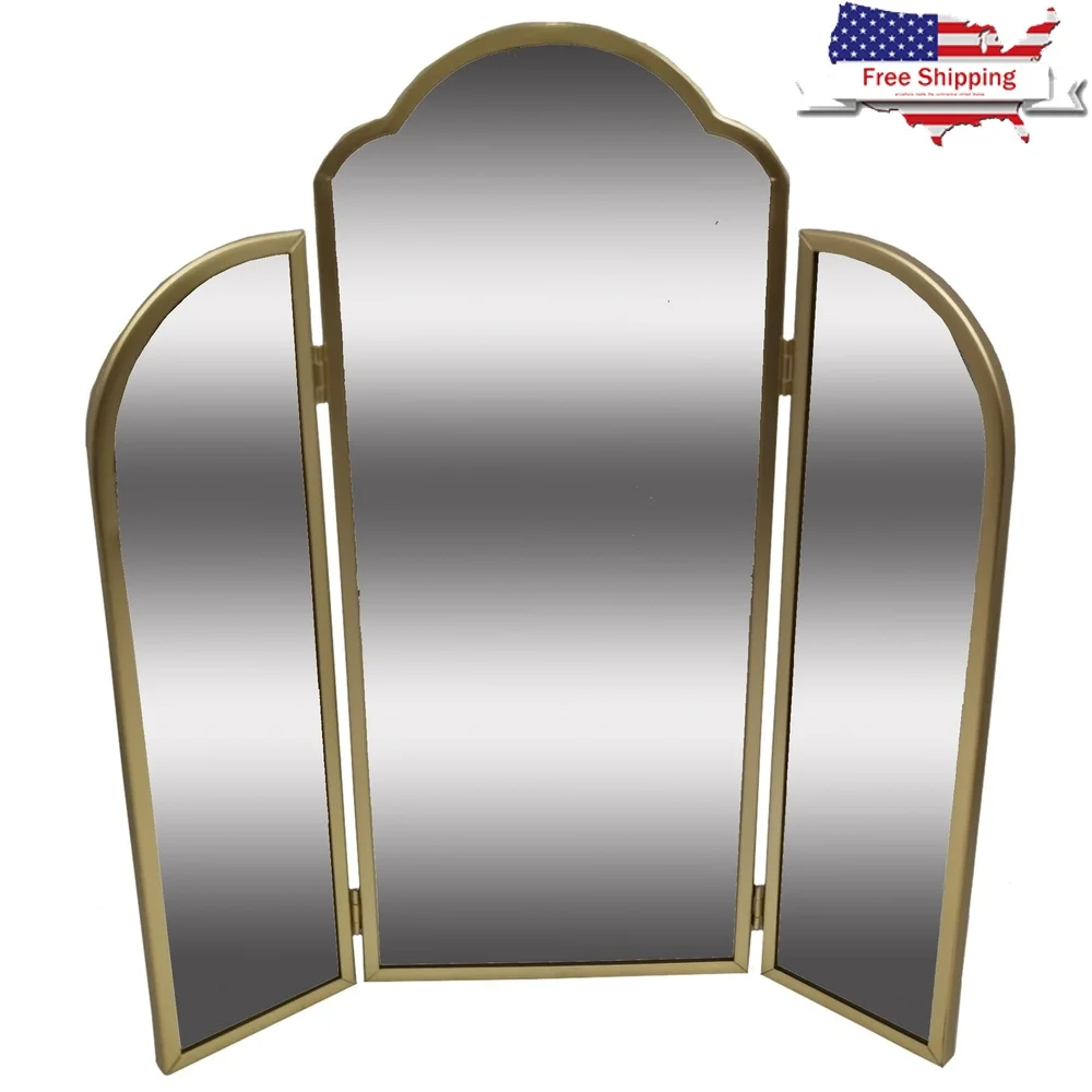 

Тройное регулируемое золотое косметическое зеркало, большое арочное настенное зеркало, комод для макияжа для ванной комнаты, спальни, декоративный акцент