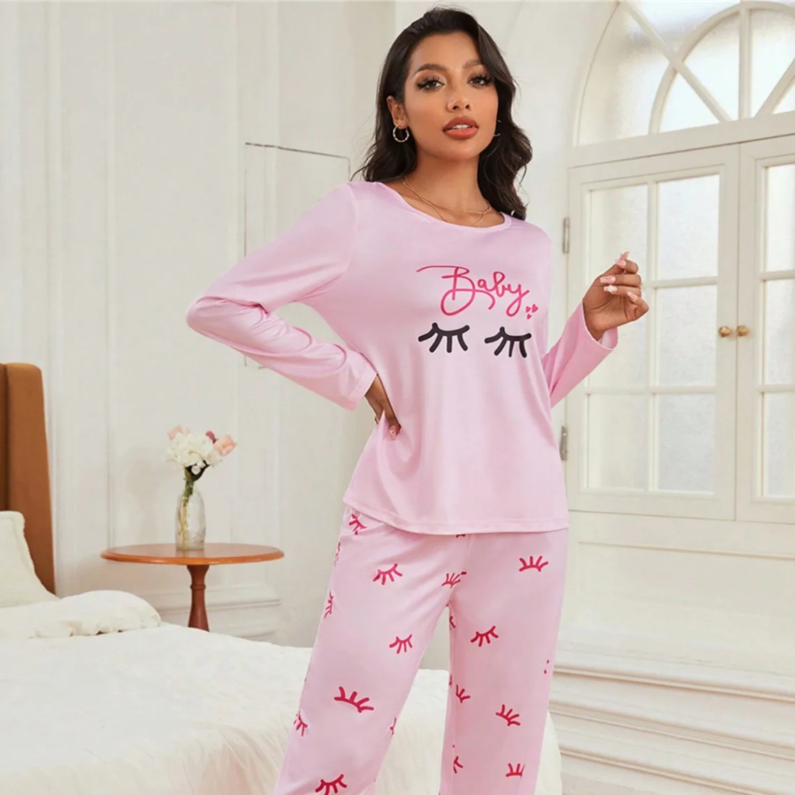 Autumn Women Pajamas Set Faux Cotton Long Sleeve Sleepwear Eyelash Butterfly Print T-Shirt with Trouser Loungewear Female Pyjama