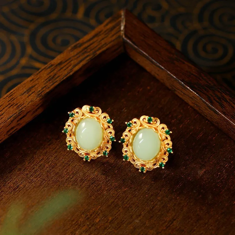 

New Chinese Style Ethnic Retro Hollow Ruyi Imitation Jade Zircon Earrings for Women Niche Exquisite Versatile Party Holiday Gift