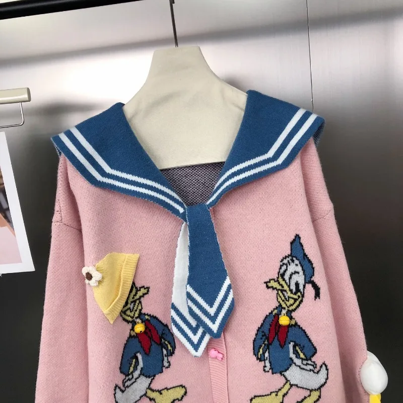 New Japanese College Style Age-Reducing Tie Color-Block Cartoon Jacquard Loose Pullover Sweater Ladies Y2k Long-sleeves Knitwear