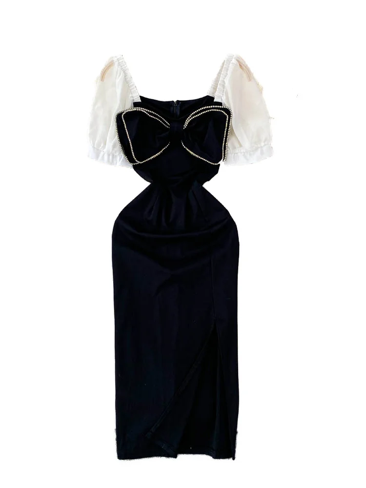 Frühling Sommer 2025, hohe Taille, Knoten, quadratischer Kragen, Spleiß, schlankmachend, figurbetont, Dr. Damen Faion, vielseitig, Pendeln