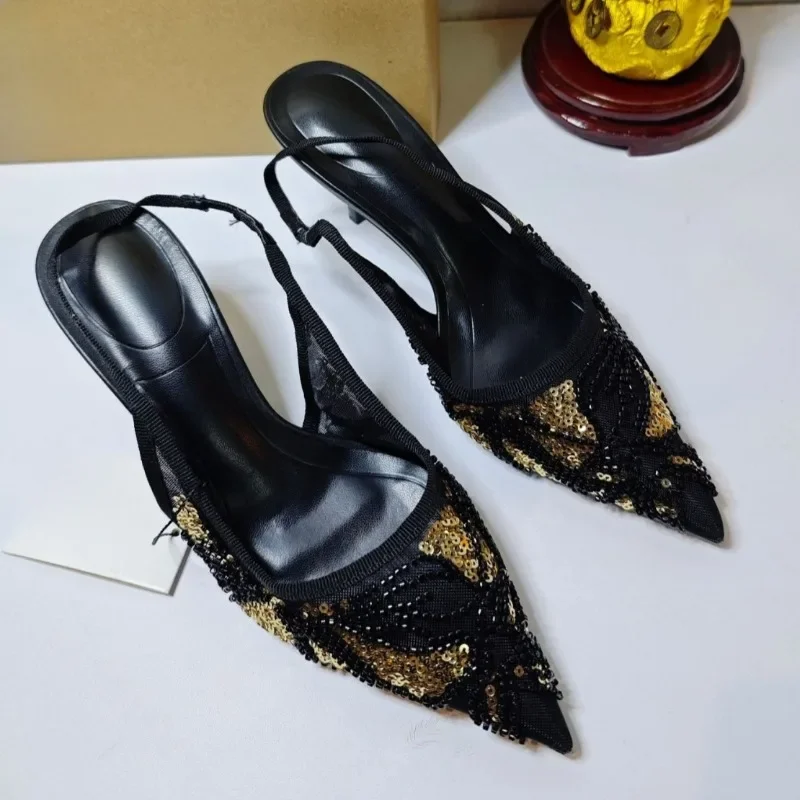 

Summer Bling Mesh Women High Heels Sandals Designer Brand String Bead Pointed Toe Party Dress Bridal Slingback Luxury Shoes
