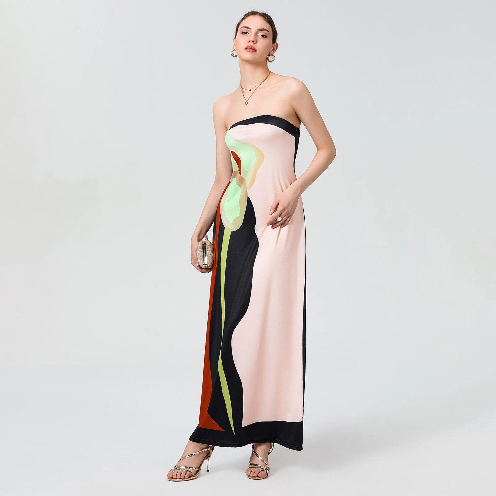 

Summer Strapless Long Dress Women Sleeveless Vintage Abstract Print Loose Tube Dress Holiday Beach Dress