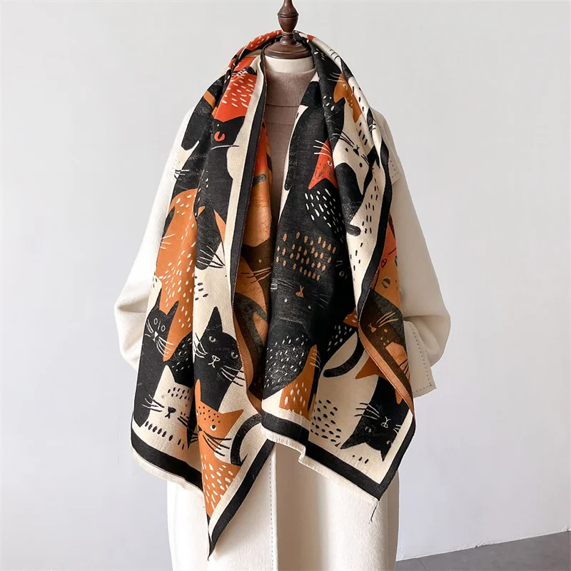 Cute Cat Winter Cashmere Scarf for Women Design Shawls and Wraps Bufandas Female Neckerchief Muffler Large Poncho Echarpe 2024