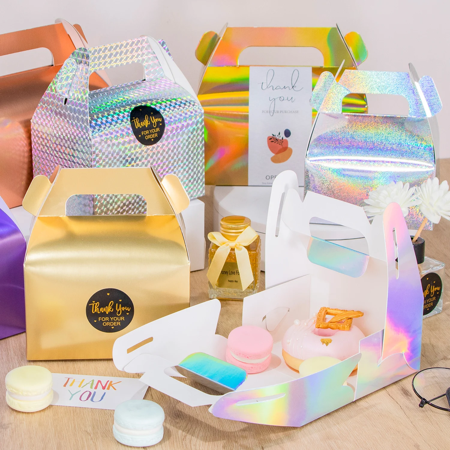 Laser gold silver cake packaging box white cowhide pink green blue dessert portable carton