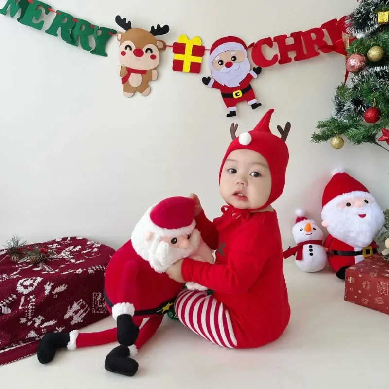 Christmas Autumn Winter Korean Baby Jumpsuit Cartoon Santa Claus Baby Bodysuit Boy Girl Baby Romper Outfits Onesie with Hats