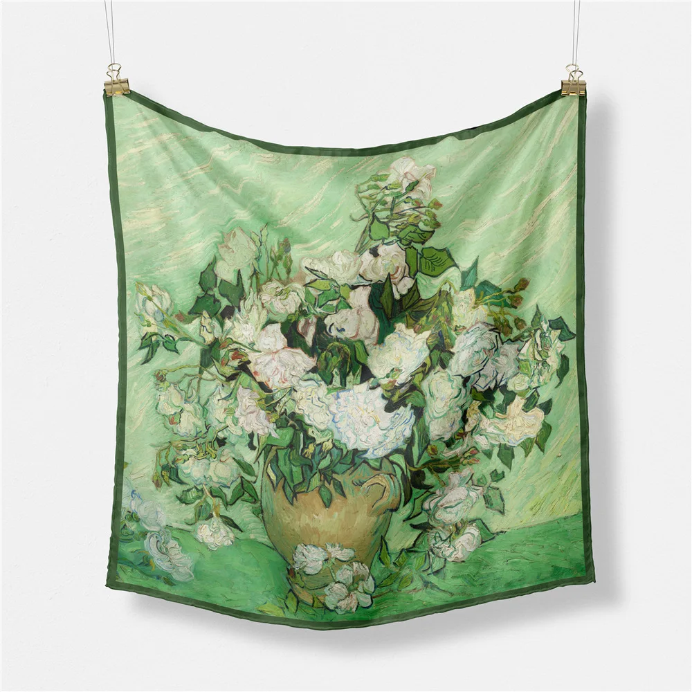 

Versatile Small Square Scarf Women's Checkered Design Van Gogh Oil Painting Decoration Floral Pattern Polyester Fiber Scarf