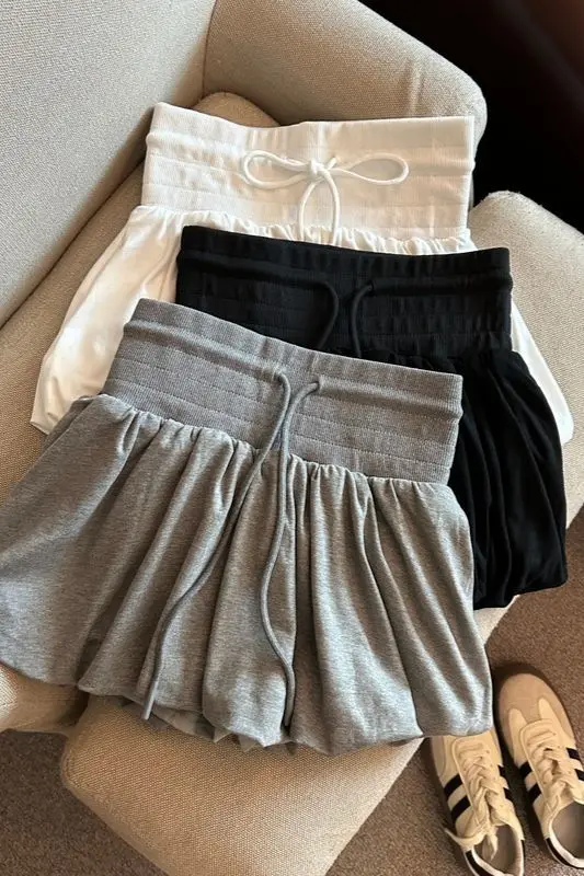 

Summer Drawstring Mini Skirt for Women Casual Preppy Style High Waist Skirt Elastic Waist Flower Bud Design Lined for Modesty