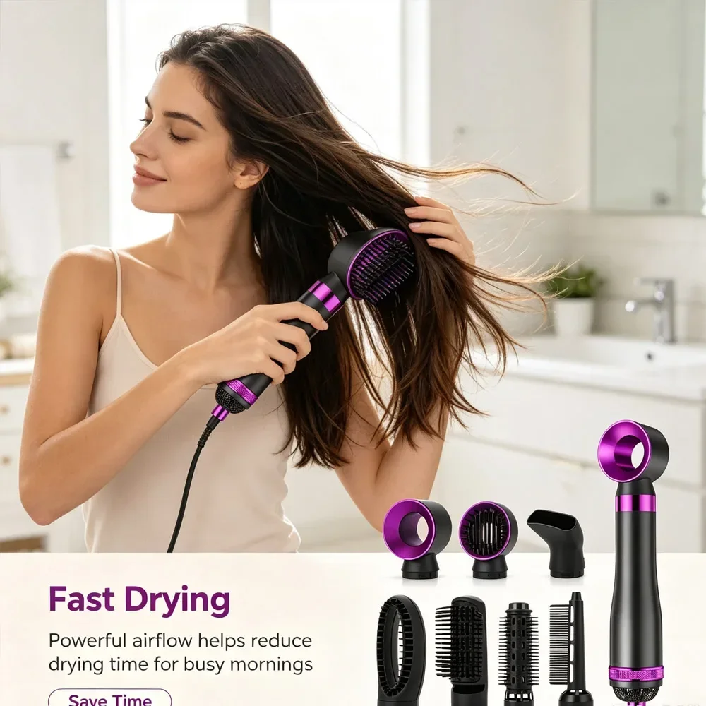 6 in 1 Negative Ion Hot Air Brush, Multifunctional Hair Styling Tool, Hair Dryer Straightener Curler, Ideal Gift for Women