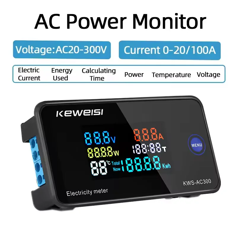 

KWS-AC300 AC 50-300V Voltmeter Ammeter 20A/100A Power Energy Meter LED AC Wattmeter Electric Power Monitor with Reset Function