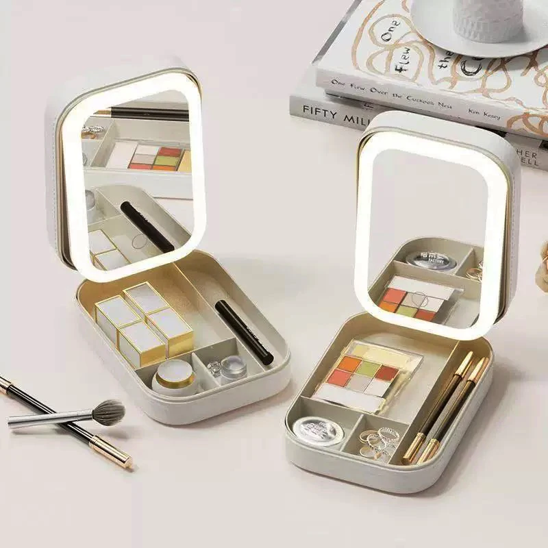 Smart LED Makeup Case With Mirror For Women Small Cute Makeup Bag Lipstick Brush Female Beautician Skincare Product Cosmetic Box