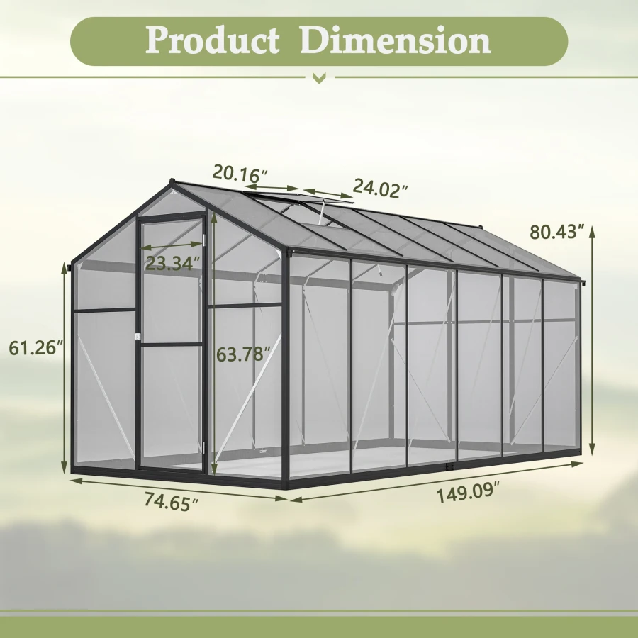 6' x 12' Thicked Polycarbonate Greenhouse, Greenhouse with Double Flush Door, Rain Gutter and Ventilation Window, Green House f