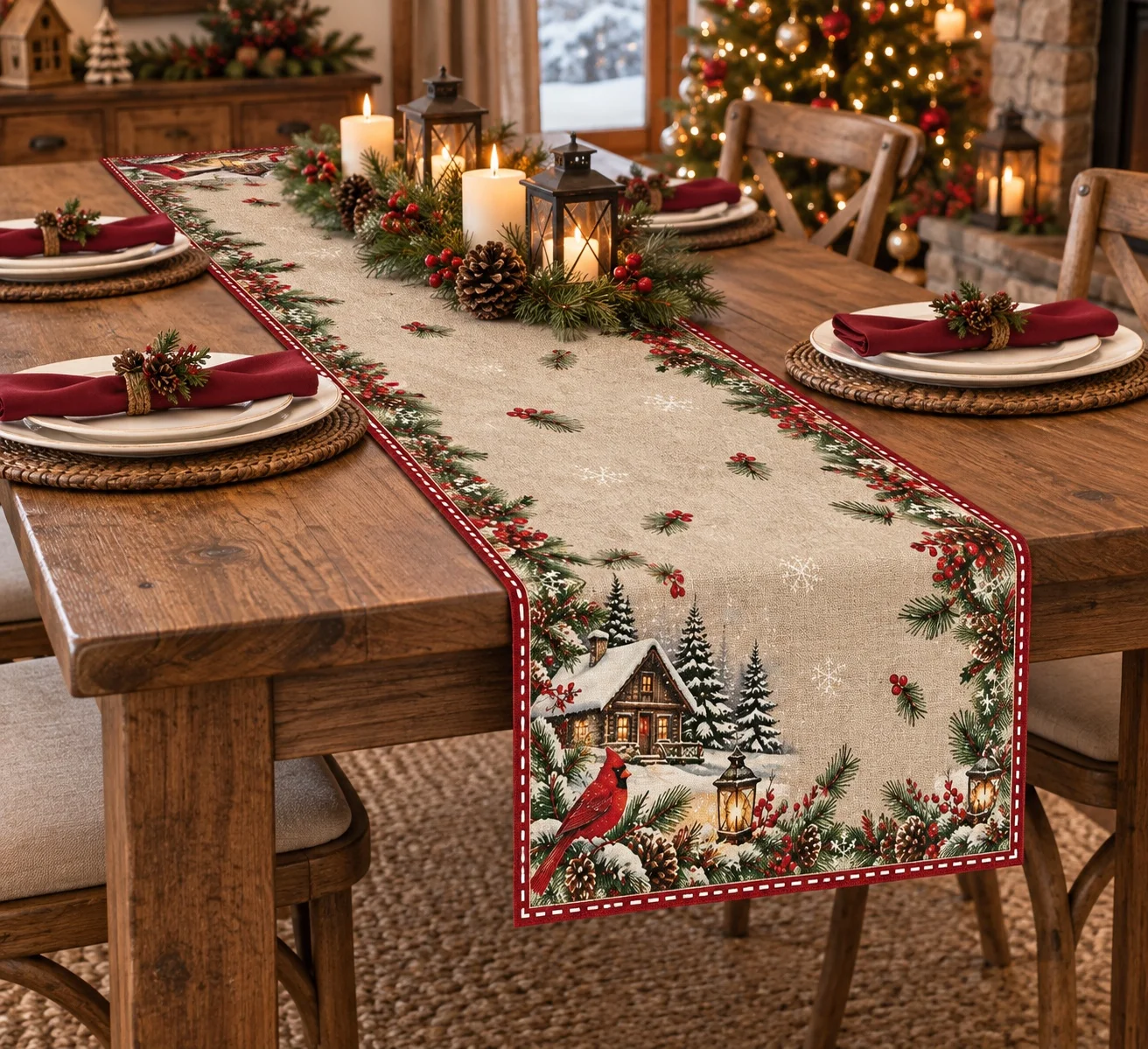 Christmas Cardinal Bird Table Runner Winter Cabin Pine Cone Table Cover Holiday Dining Table Decor Xmas Home Party Decoration
