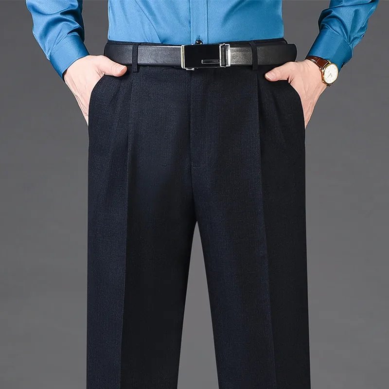 Pantalones de traje de Cachemira de lana de cintura alta para hombre, pantalones de vestir plisados dobles para hombre, pantalones de negocios