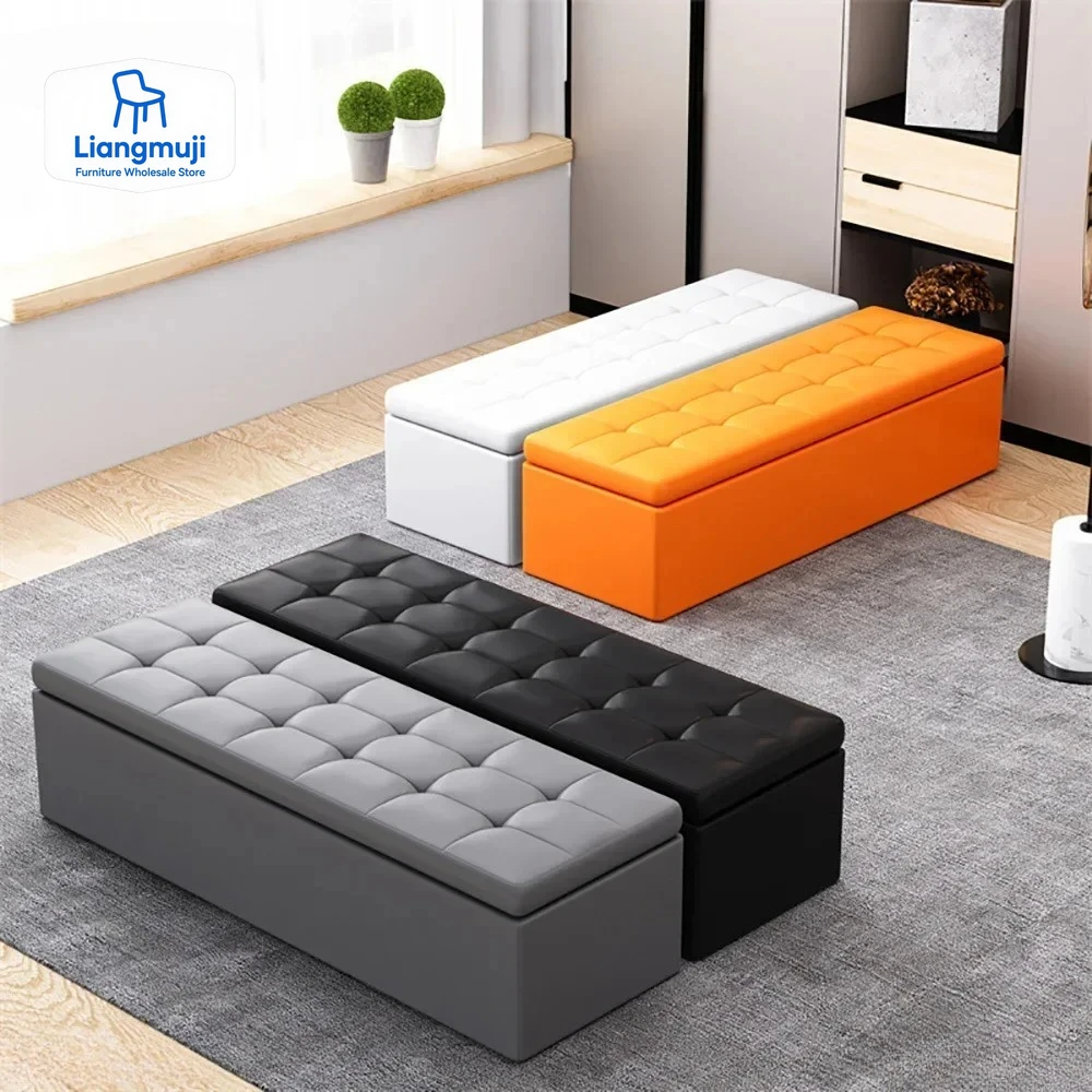 Living Room Shoe Changing Bench Stool Storage Ottoman Hold Up Bedroom Black Synthetic Leather Footstool  Muebles Home Furniture
