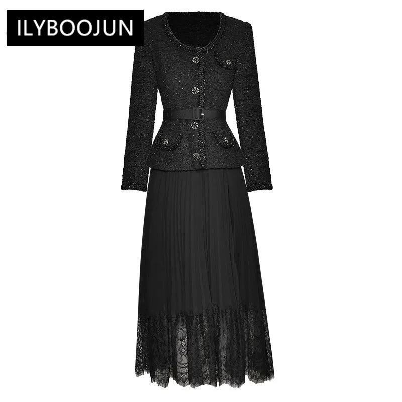 

Autumn Winter Dress Women Long sleeve Belted Tweed Patchwork Black Lace Pleated Party Dresses For Women 2023 Luxury Brand High