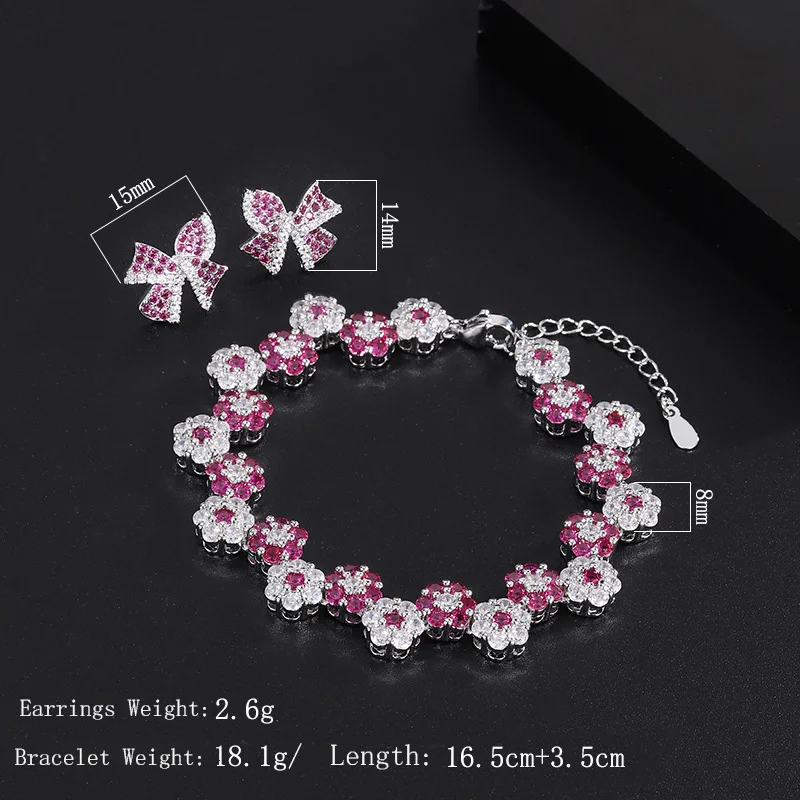 Trendy 925 Silver Needle Bow Stud Earrings Bracelet Set for Women Girls Luxury Cubic Zirconia Flower Wedding Anniversary Jewelry