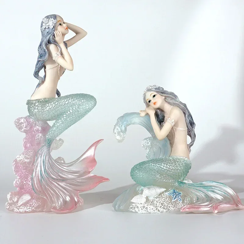 Exquisite Resin Mermaid Coral Sea Wave Figurine Handcraft Ornament for Home Car Decor Gift Girls Children Festival