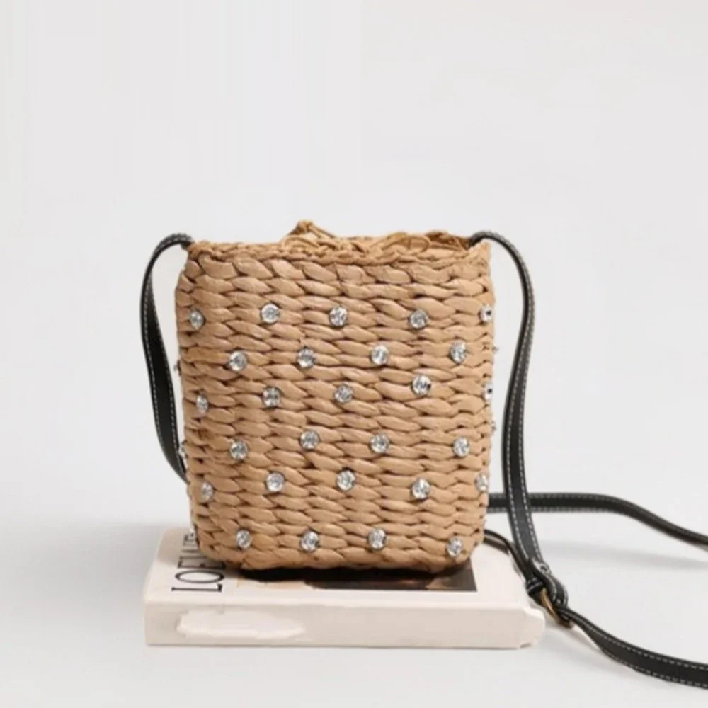 

Богемные соломенные сумки с бриллиантами для женщин, летняя сумка на плечо со стразами, дорожная пляжная сумка на шнурке, тканые сумки через плечо, кошельки, новинка