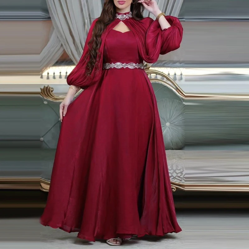 Ensemble de robe de couleur vive diamant style Banquet, manches longues, couleur unie plissée, ensemble deux pièces décontracté, haut à col rond et jupe longue