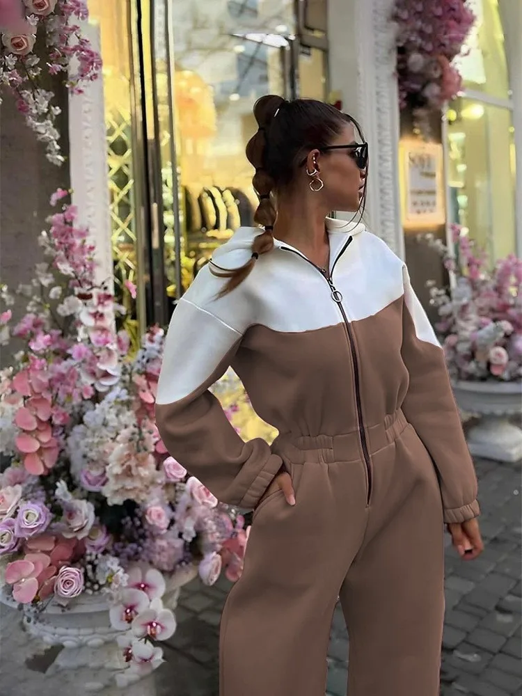 Autumn Winter Female Color-blocked Jumpsuits Fashion Hooded Hood With Pocket High-waisted Skinny Pants Ladies Casual Sportswear