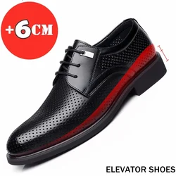 Men Flat / 6CM Heightening Elevator Shoes Hollow Breathable Business Formal Leather Shoes Man British Dress Casual Wedding Shoes