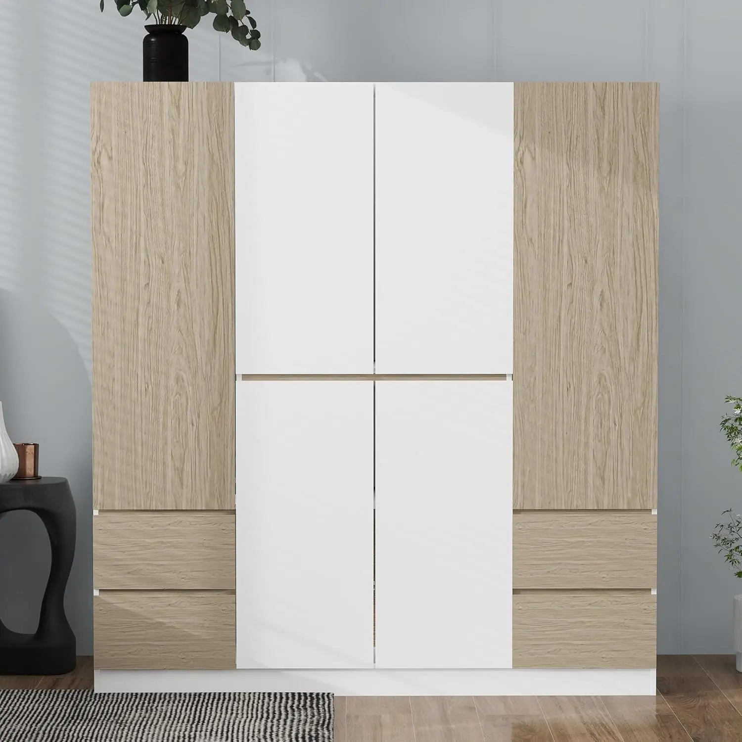 6-Doors Wooden Wardrobe Storage Shelves And Hanging Rail For Clothes For Bedroom, With 4 Drawers, White+Nature