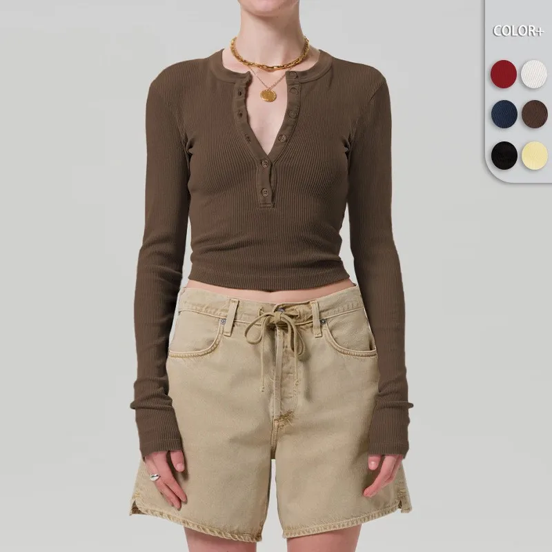 

New Women's Short T-shirt Long Sleeve Slim Fit Button Pullover Top Solid Color Basic Fashion Hot Girl Versatile Tees