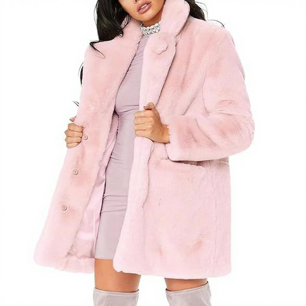 

Женская шикарная куртка из искусственного меха в корейском стиле, однотонное повседневное пальто на пуговицах с длинными рукавами и лацканами, простой дизайн