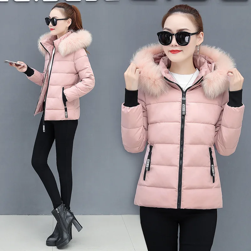 

Winter Office Lady Basic Down Cotton Parkas Simple All Match Fur Collar Padded Cotton Jacket Elegant Solid Color Hooded Parkas