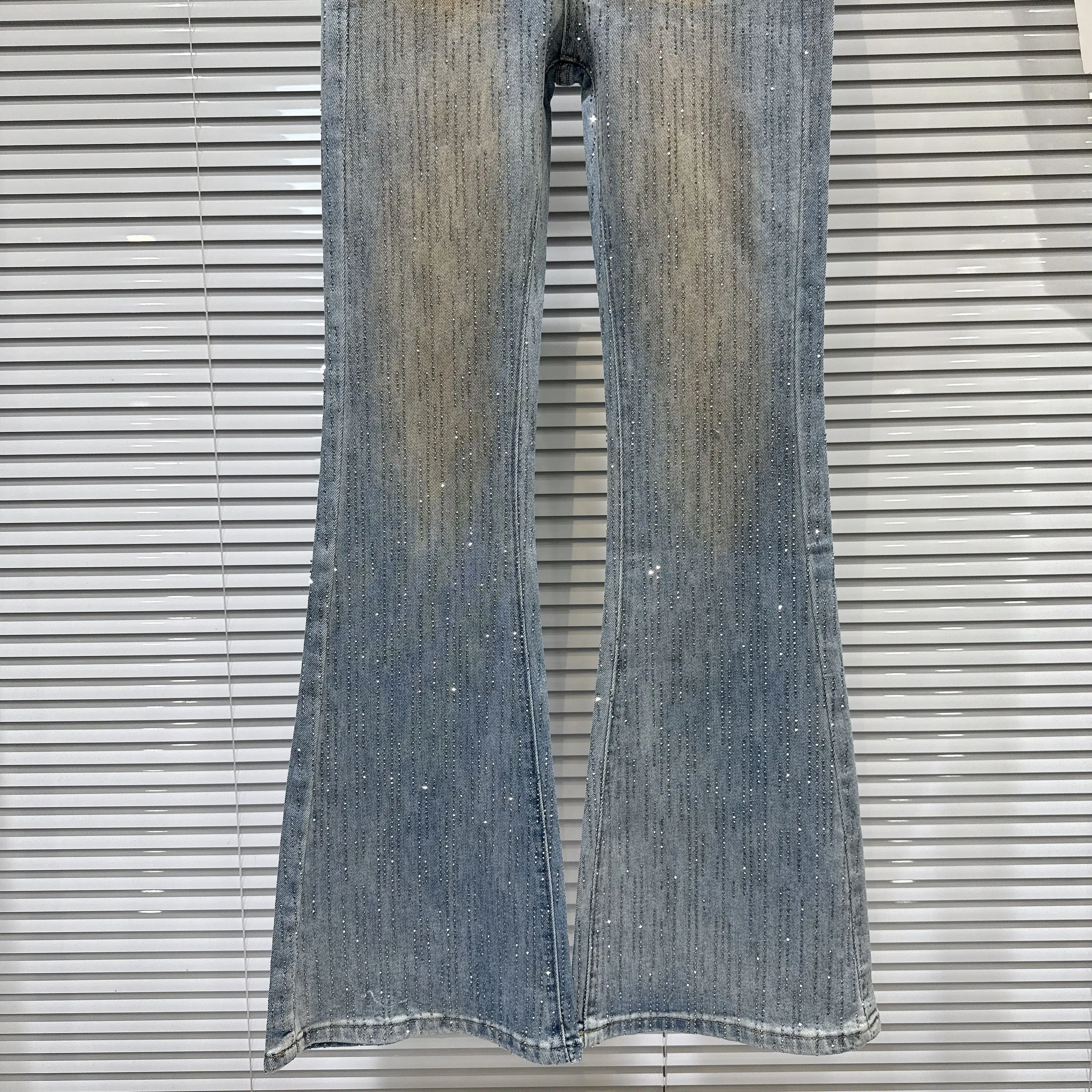 アメリカンスタイルファッション レトロ ヘビーインダストリー ダイヤモンド ハイウエストジーンズ スリムフィット 多用途 ブルー フレアデニム ロングパンツ レディース