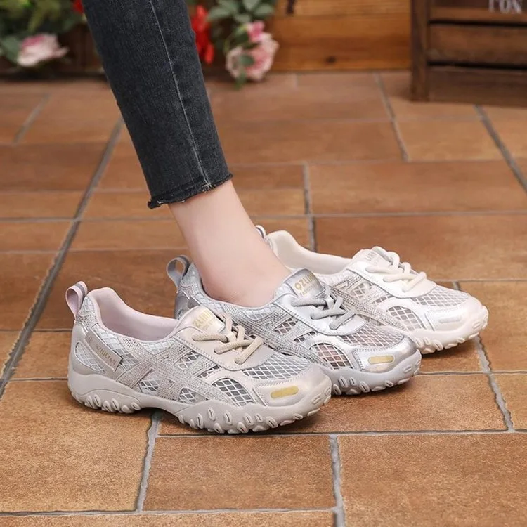 

2025 Summer Breathable Mesh Women's Platform Sneakers Hollow Non Slip Running Shoes Comfortable Fashion Cross Tied Sandal