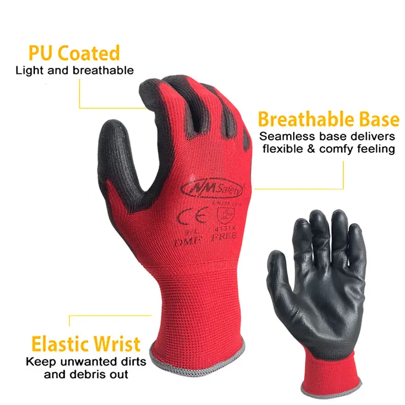 24 Pieces/12 Pairs Industrial Working Gloves 13 Gauge Knitted Red Nylon Dipped PU Nitrile Coated Palm Security Protective Gloves