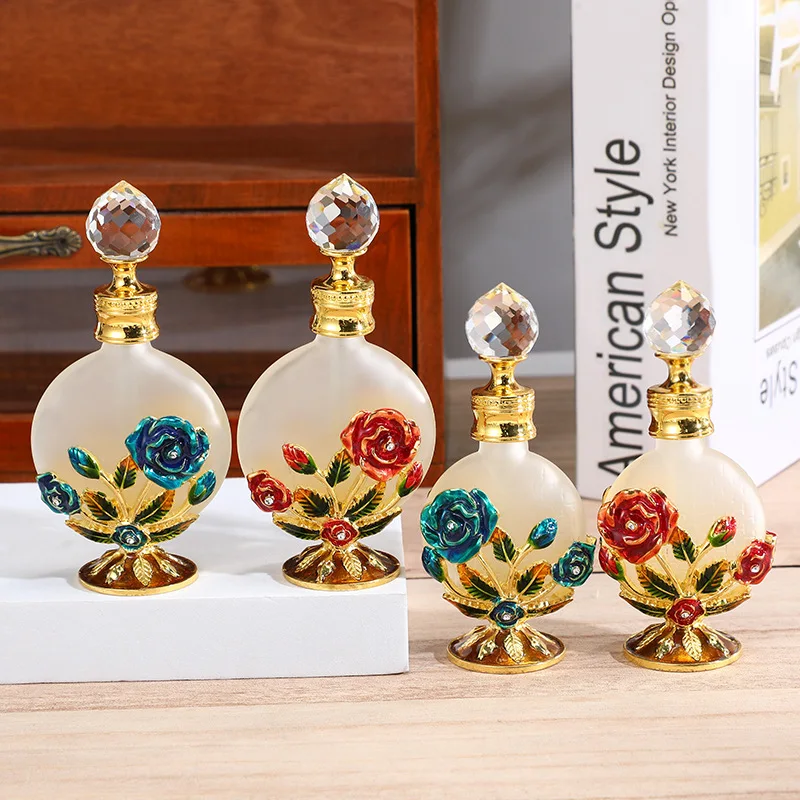 60 X Exquisite Rose Enamel Color Craft Frosted Essence Glass Bottle Empty Oblate Shape Dubai 10ml/15ml Vintage Perfume Bottles