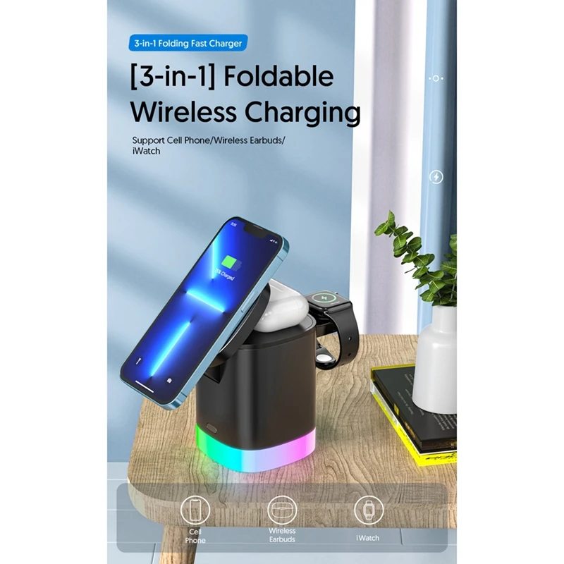 Светодиодная подсветка 3 в 1 Магнитное беспроводное зарядное устройство для серии Pro/Iwatch Зарядное устройство для телефона 15 Вт для Iphone 14/13/12 X