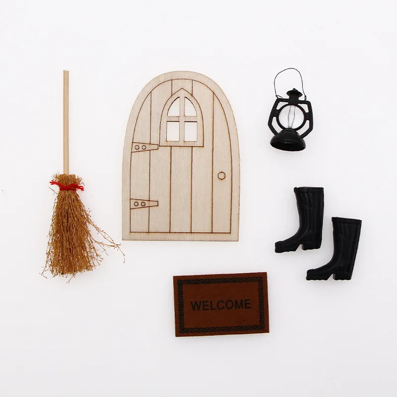 1Set Christmas Miniature Wooden Elf Magical Door Kit Fairy Gnome Garden Door Xmas Craft Set For Festival Deco