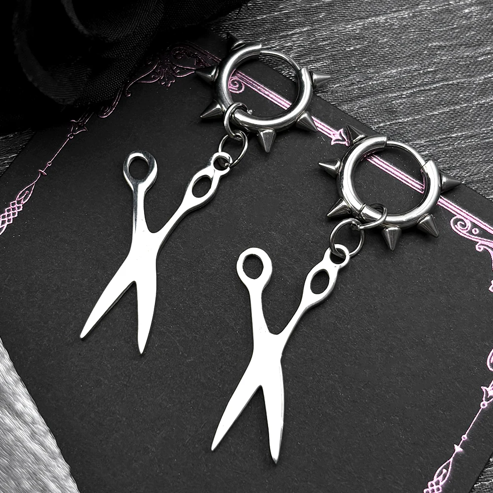 Hiphop Scissors Rivet Earrings For Women Men Stainless Steel Silver Color Gothic Male emo Hoop Dangle Ear Ring Jewelry Accessory