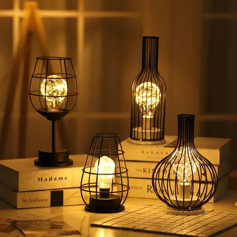Nice 1PC Indoor Iron Wire Cage Design Night Light,Battery-Powered LED Lamp, Decorative Table Lighting For Bedroom, Living Room