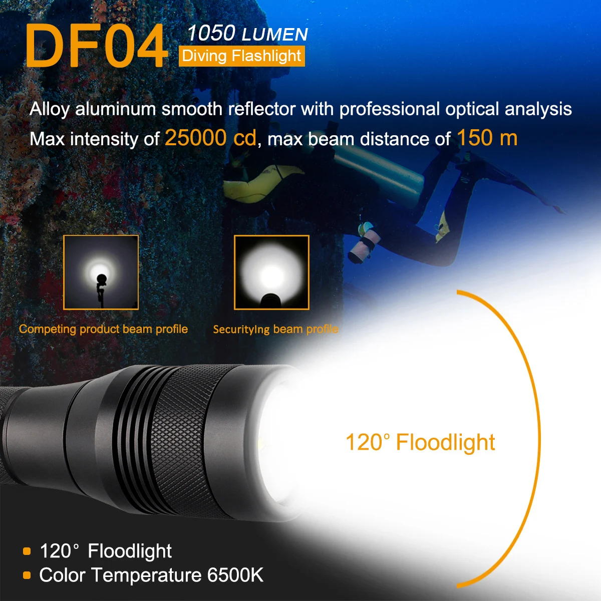 LED Diving Flashlight Wide 9 / 120Degree Beam Angle Scuba Diving Photography Video Light 1050Lm 150M L2 LED Underwater Torches