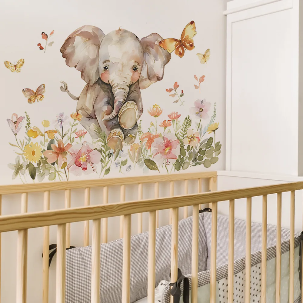 Watercolor Elephant Butterfly Flower Wall Sticker Kids Room Background Decoration Mural Bedroom Home Decor Removable Wallpaper