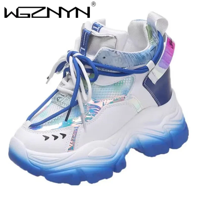 9.5CM Women Chunky Sneakers Hidden Heels Ladies Wedge Casual Shoes High Platform Autumn Breathable Mesh Shoes Women Dad Sneakers