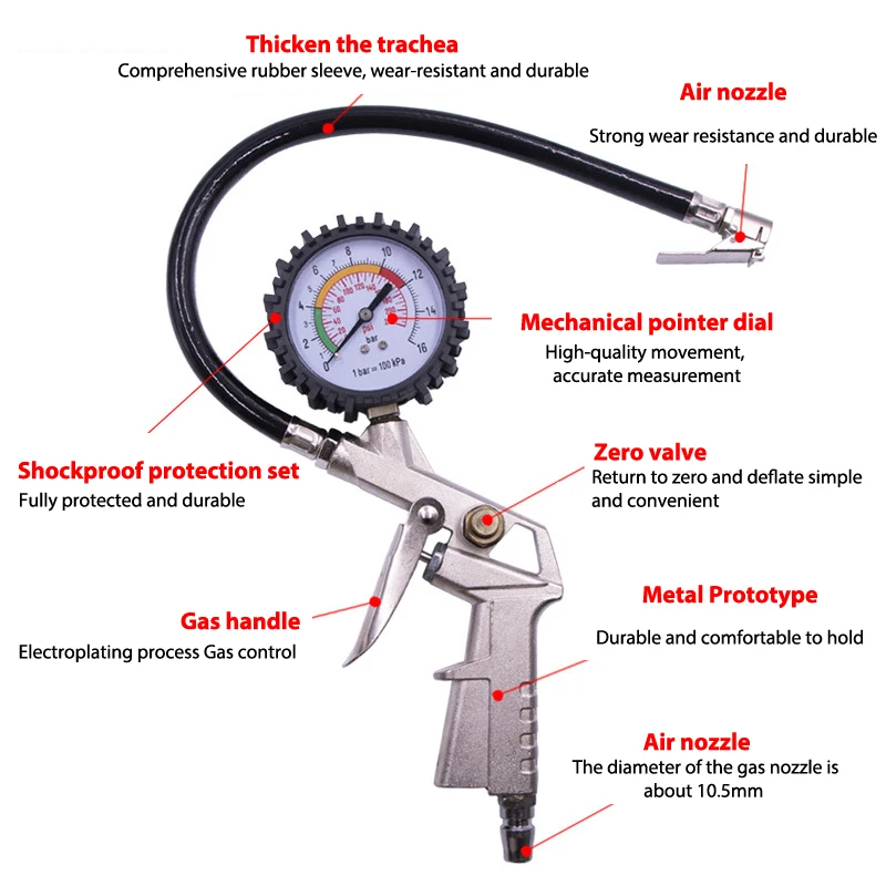 Auto Tire Pressure Gauge Pressure Gun Type Air Inflator Pump Tire Repair Tool