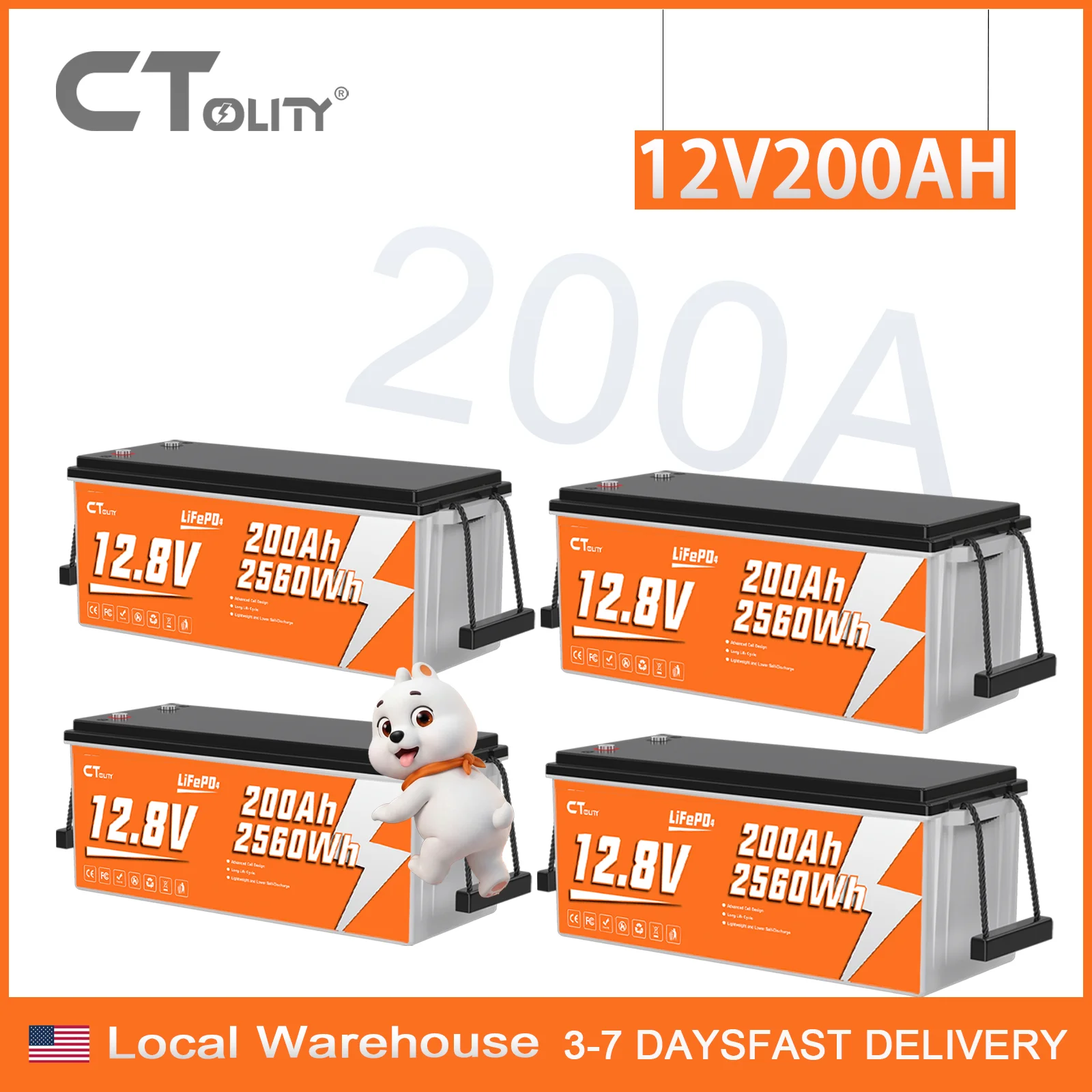 Ctolity 4PCS 12V 200Ah LiFePO4 Battery Pack 10.24kWh 15000+ Cycles Deep Cycle Lithium Battery with BMS for 48V Home Solar Energy Storage