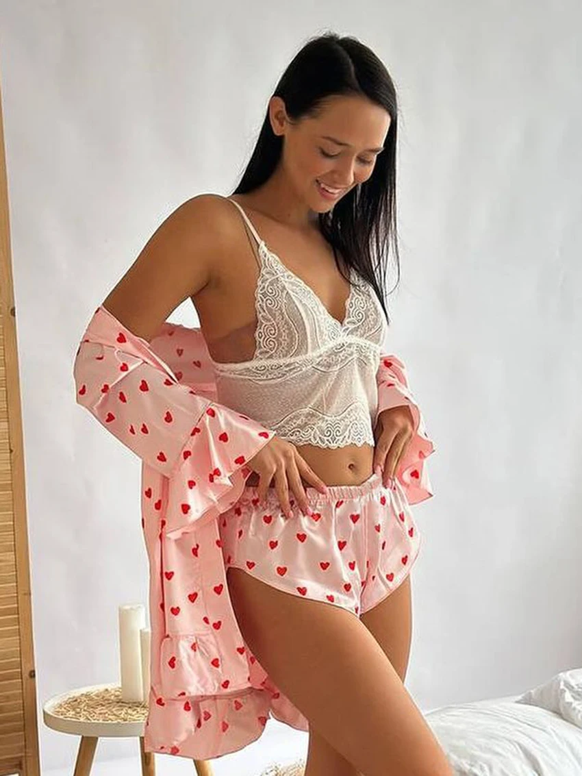 Marthaqiqi Printing Female Nightgown Suit V-Neck Pajamas Long Sleeve Sleepwear Lace Up Nightie Shorts Casual Women Nightwear Set
