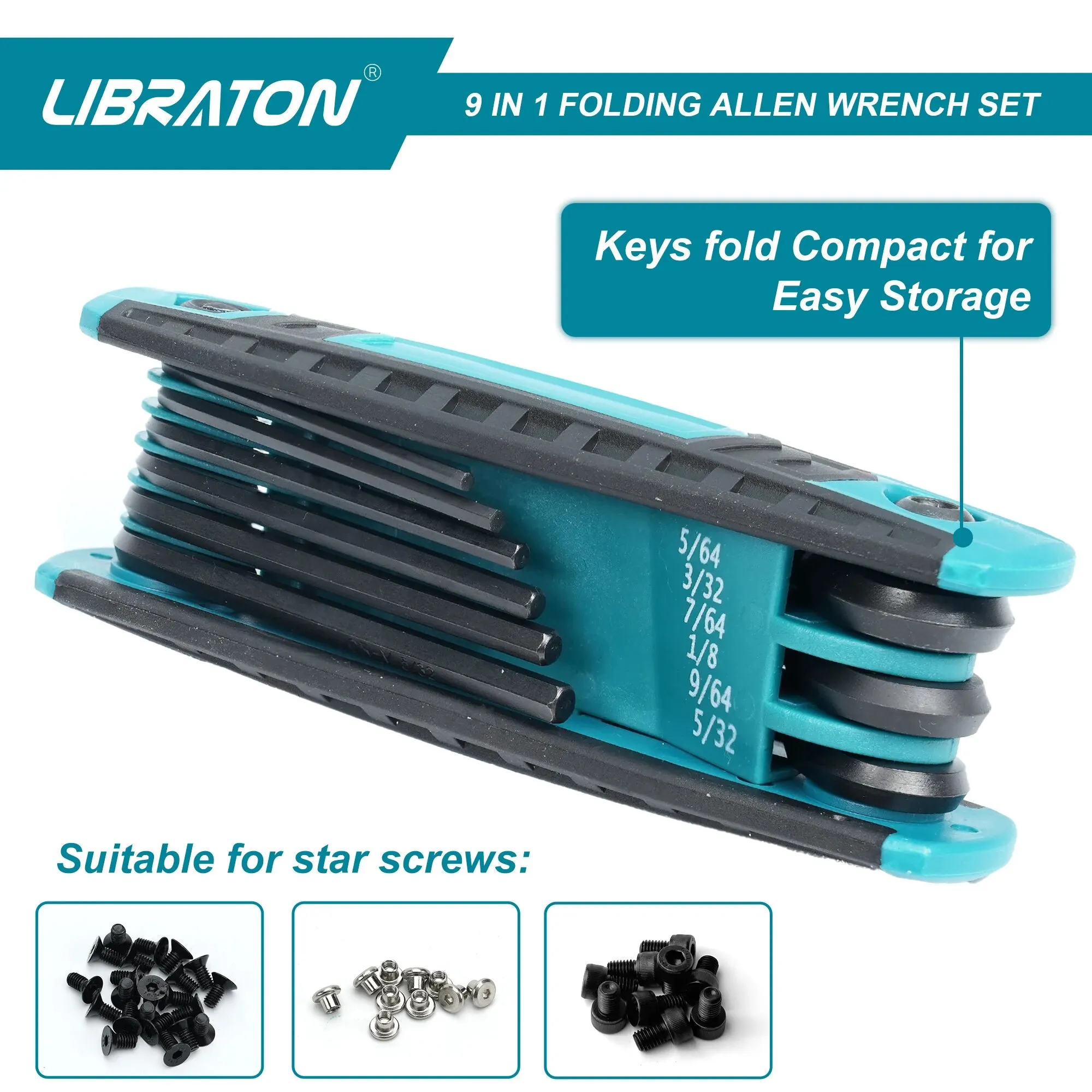 LIBRATON 9 In 1 Folding Allen Wrench SAE Allen Key Set Hex Key Set Portable Hex Wrench for Basic Home Repair General Application