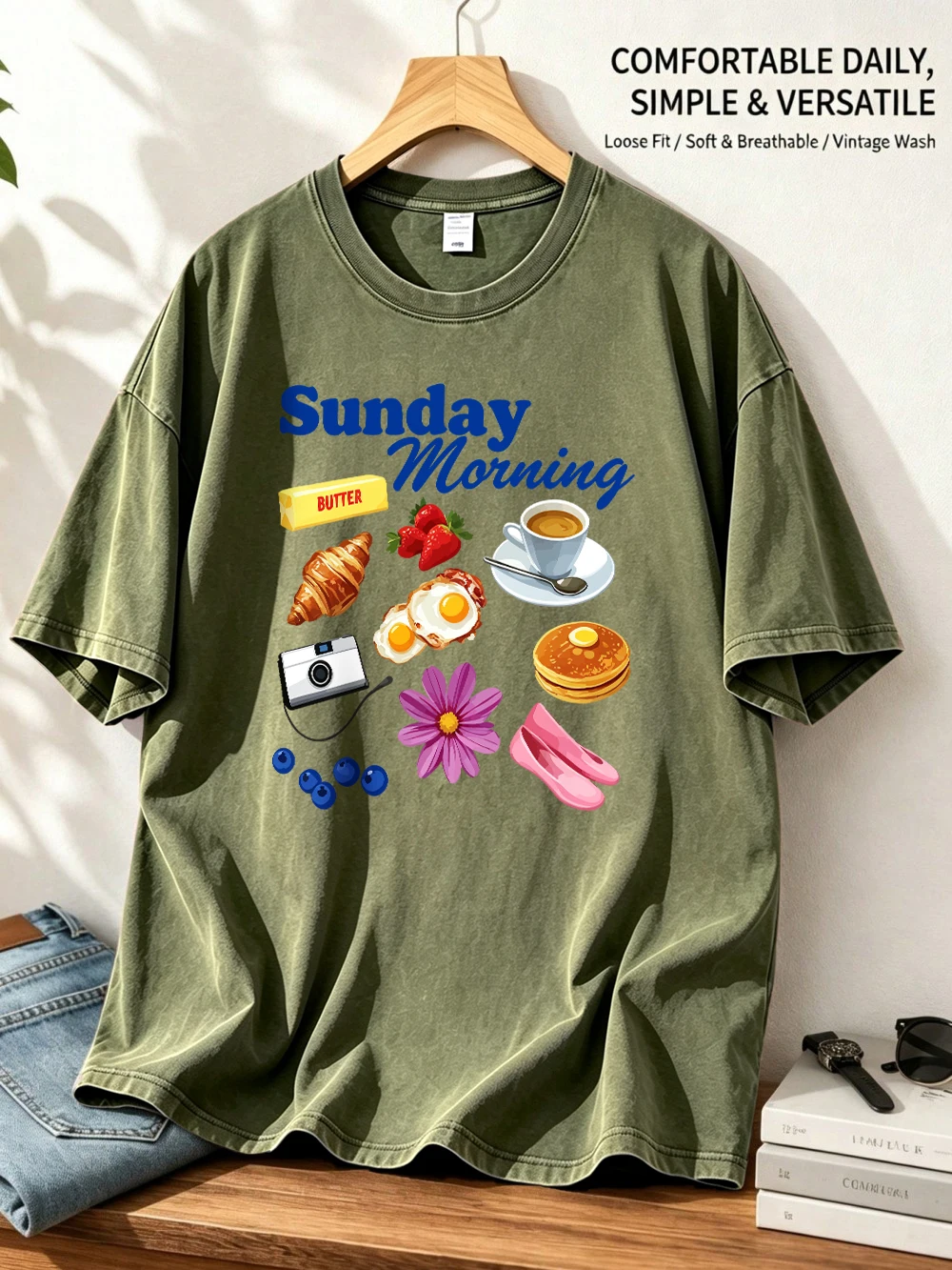 Sunday Morning Food Cotton Washed T-Shirt Womens Summer Oversized Tops Street Distressed O-Neck T Shirt Casual Woman Clothes