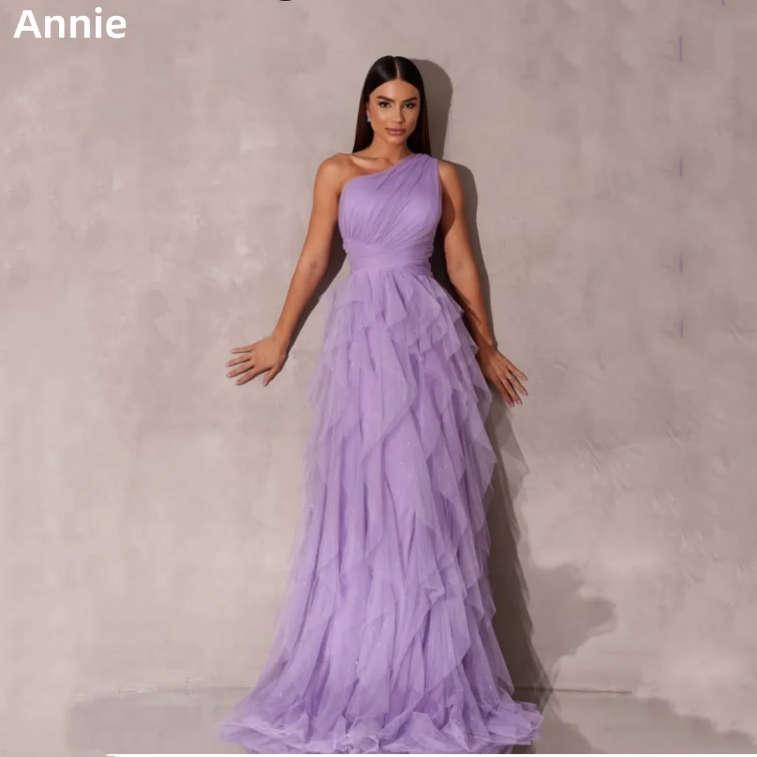 Annie כתף אחת מתולתל נשף נשף סגול שמלות ערב שמלות ערב-קו אלגנטי גברת וסטידוס דה פיאסטה מותאם אישית 2025