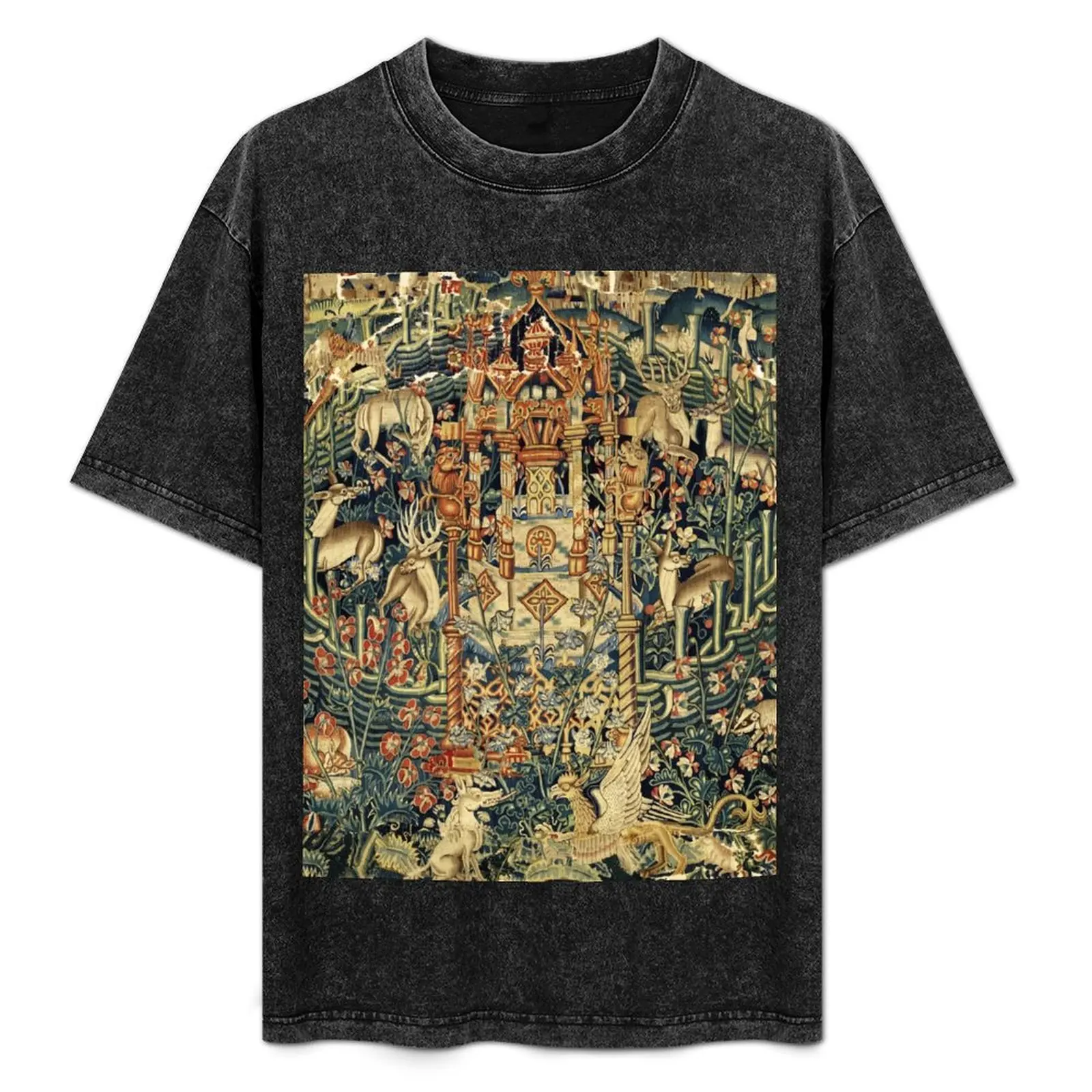 

SOURCE OF LIFE Verdure with Forest Animals in Private Garden, Floral Medieval Tapesty T-Shirt Sport Basic Moisture Wicking Tee
