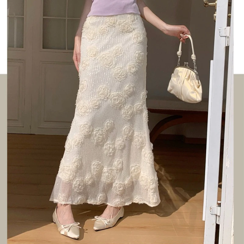 Spring Fall Women High Waisted Stretchy Appliques Flower Beige Black Sequined Trumpet Skirt , Woman Slim Glitters Mermaid Skirts