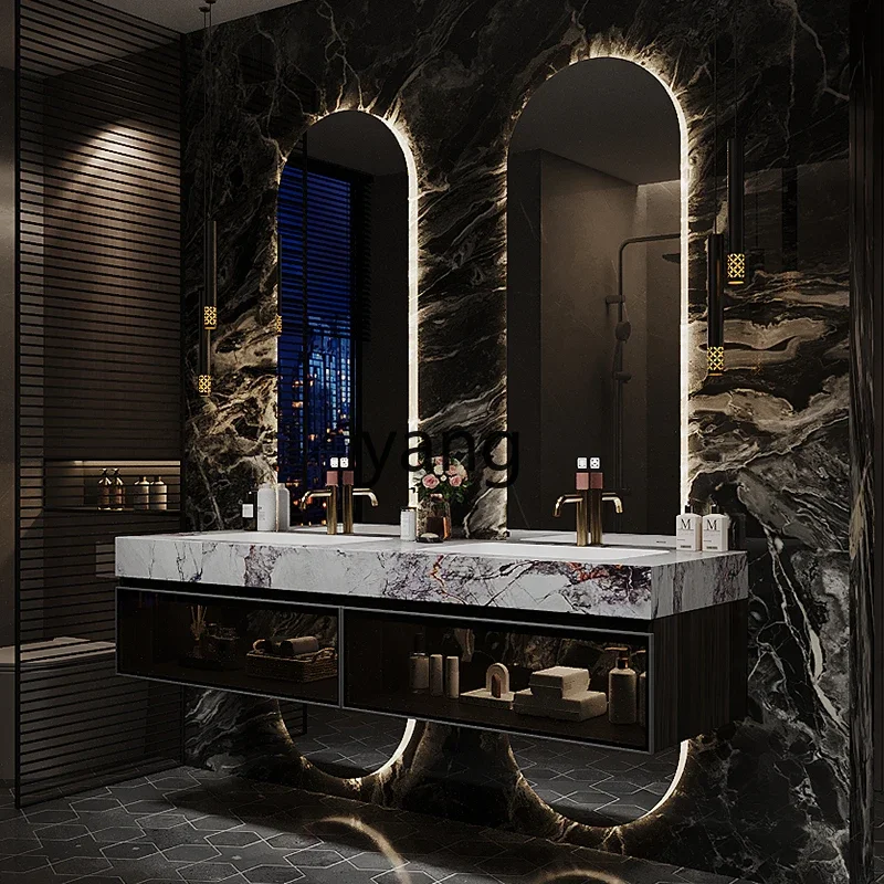 LMM   modern light luxury bathroom cabinet combination rock slab seamless ceramic integrated basin washstand